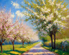 Printable Impressionistic Art of a Countryside Lane with Blossoming Trees