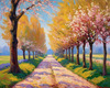 Printable Impressionistic Art of a Countryside Lane with Blossoming Trees