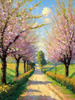 Printable Impressionistic Art of a Countryside Lane with Blossoming Trees