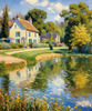 Impressionistic Landscape Art of a Tranquil Countryside Pond with Cottage Reflections