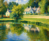 Impressionistic Landscape Art of a Tranquil Countryside Pond with Cottage Reflections