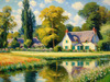 Impressionistic Landscape Art of a Tranquil Countryside Pond with Cottage Reflections