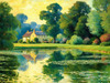 Impressionistic Landscape Art of a Tranquil Countryside Pond with Cottage Reflections