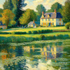 Impressionistic Landscape Art of a Tranquil Countryside Pond with Cottage Reflections