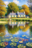 Impressionistic Landscape Art of a Tranquil Countryside Pond with Cottage Reflections