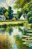 Impressionistic Landscape Art of a Tranquil Countryside Pond with Cottage Reflections