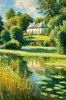 Impressionistic Landscape Art of a Tranquil Countryside Pond with Cottage Reflections