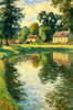 Impressionistic Landscape Art of a Tranquil Countryside Pond with Cottage Reflections