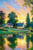 Impressionistic Landscape Art of a Tranquil Countryside Pond with Cottage Reflections
