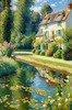 Impressionistic Landscape Art of a Tranquil Countryside Pond with Cottage Reflections
