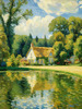 Impressionistic Landscape Art of a Tranquil Countryside Pond with Cottage Reflections