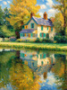 Impressionistic Landscape Art of a Tranquil Countryside Pond with Cottage Reflections