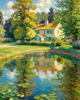 Impressionistic Landscape Art of a Tranquil Countryside Pond with Cottage Reflections