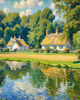 Impressionistic Landscape Art of a Tranquil Countryside Pond with Cottage Reflections