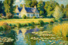 Impressionistic Landscape Art of a Tranquil Countryside Pond with Cottage Reflections