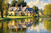 Impressionistic Landscape Art of a Tranquil Countryside Pond with Cottage Reflections