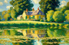 Impressionistic Landscape Art of a Tranquil Countryside Pond with Cottage Reflections