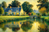Impressionistic Landscape Art of a Tranquil Countryside Pond with Cottage Reflections