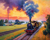 Impressionistic Landscape Art of Rural Countryside Train Station with Steam Locomotive