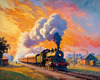 Impressionistic Landscape Art of Rural Countryside Train Station with Steam Locomotive