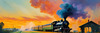 Impressionistic Landscape Art of Rural Countryside Train Station with Steam Locomotive