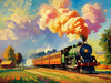 Impressionistic Landscape Art of Rural Countryside Train Station with Steam Locomotive