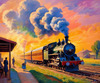 Impressionistic Landscape Art of Rural Countryside Train Station with Steam Locomotive