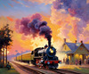 Impressionistic Landscape Art of Rural Countryside Train Station with Steam Locomotive