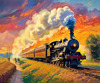 Impressionistic Landscape Art of Rural Countryside Train Station with Steam Locomotive