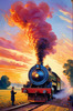 Impressionistic Landscape Art of Rural Countryside Train Station with Steam Locomotive