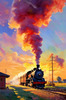 Impressionistic Landscape Art of Rural Countryside Train Station with Steam Locomotive