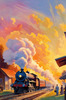 Impressionistic Landscape Art of Rural Countryside Train Station with Steam Locomotive