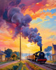Impressionistic Landscape Art of Rural Countryside Train Station with Steam Locomotive
