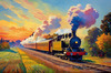 Impressionistic Landscape Art of Rural Countryside Train Station with Steam Locomotive