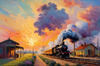 Impressionistic Landscape Art of Rural Countryside Train Station with Steam Locomotive