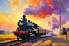 Impressionistic Landscape Art of Rural Countryside Train Station with Steam Locomotive