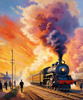 Impressionistic Landscape Art of Rural Countryside Train Station with Steam Locomotive