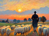 Impressionistic Twilight Shepherd and Flock in Rural Countryside Print