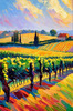 Impressionistic Art of Colorful Countryside Vineyards with Sunlit Rows