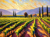 Impressionistic Art of Colorful Countryside Vineyards with Sunlit Rows