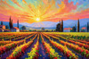 Impressionistic Art of Colorful Countryside Vineyards with Sunlit Rows