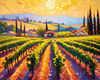 Impressionistic Art of Colorful Countryside Vineyards with Sunlit Rows