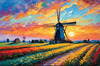 Impressionistic Landscape Print of a Countryside Windmill with Vivid Sky