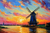 Impressionistic Landscape Print of a Countryside Windmill with Vivid Sky