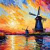 Impressionistic Landscape Print of a Countryside Windmill with Vivid Sky