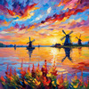 Impressionistic Landscape Print of a Countryside Windmill with Vivid Sky