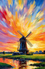 Impressionistic Landscape Print of a Countryside Windmill with Vivid Sky