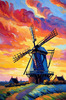 Impressionistic Landscape Print of a Countryside Windmill with Vivid Sky