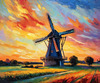 Impressionistic Landscape Print of a Countryside Windmill with Vivid Sky