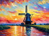 Impressionistic Landscape Print of a Countryside Windmill with Vivid Sky